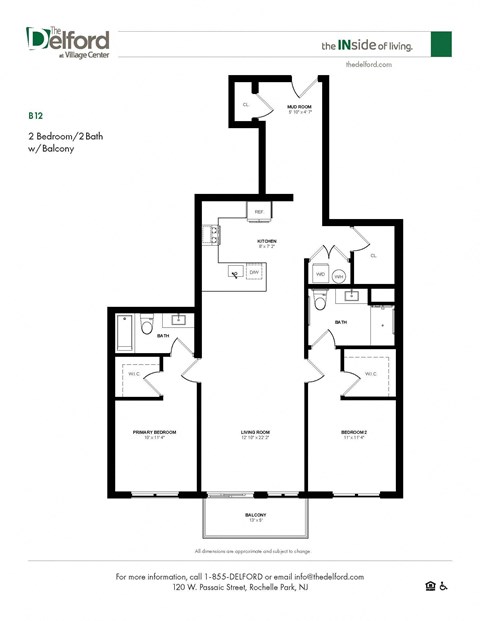 A floor plan for a Delford Village Center apartment shows a 2 bedroom/2 bath unit with a balcony.